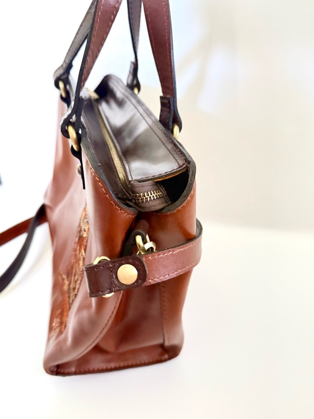 Patricia Nash Moggie Leather Satchel Owl Embroidery Tote Crossbody Rare - Picture 6 of 10